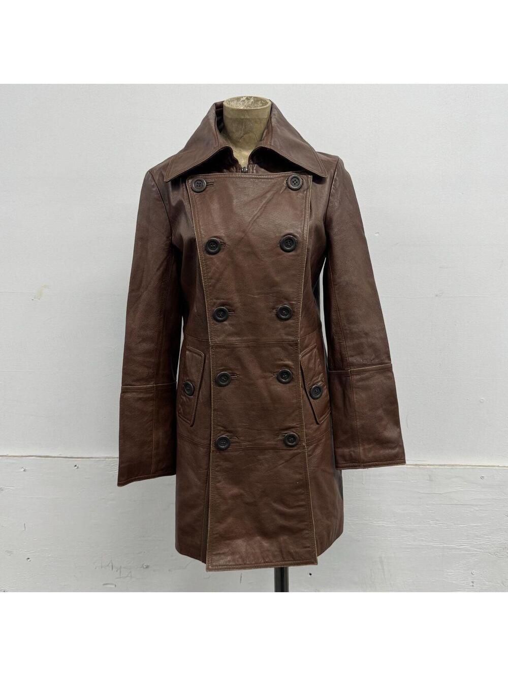 Vintage Y2K ONLY Brown Convertible Double-Breasted Leather Trench Coat - Picture 1 of 8